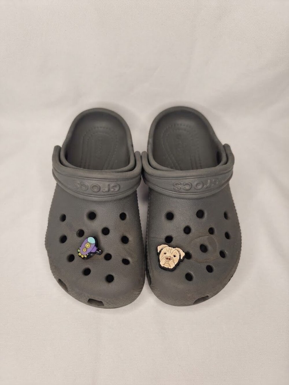 Crocs Kids Classic Clogs Grey Size C10 with Bulldog and Rocket Jibbitz Charms